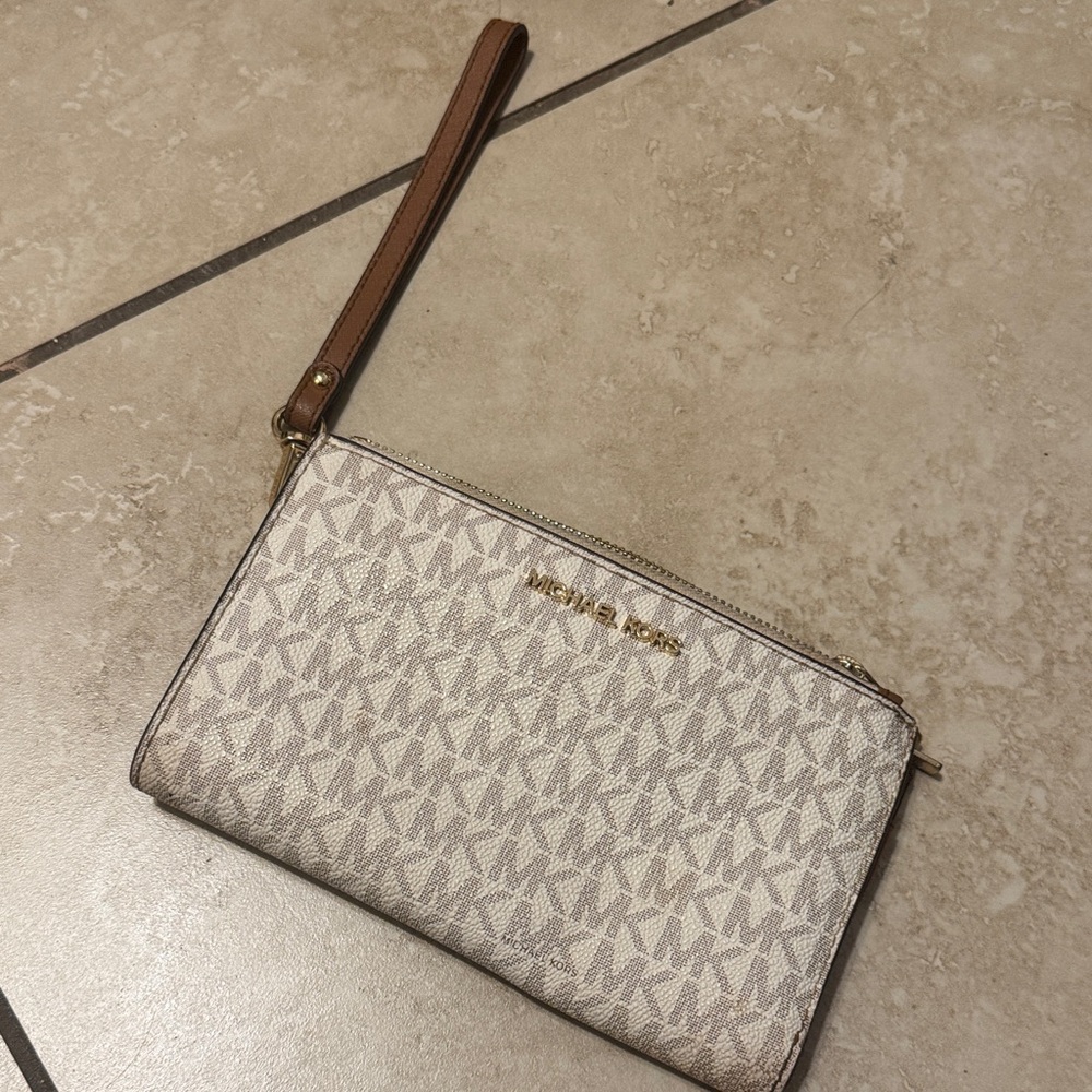 Michael Kors Monogram Cream and Brown Wristlet
